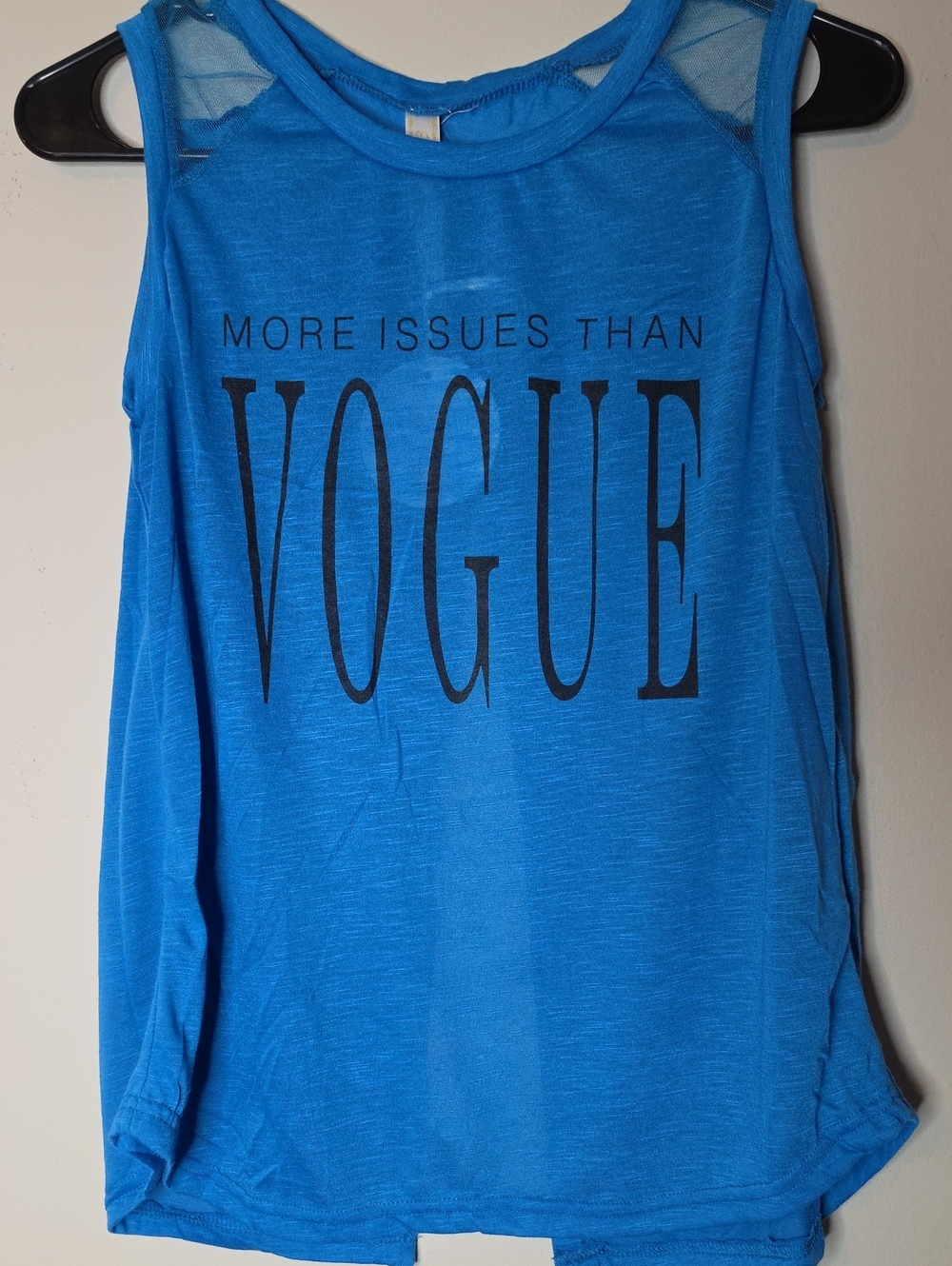 True Rock Blue Graphic Sleeveless Top with 'More Issues Than VOGUE' Print